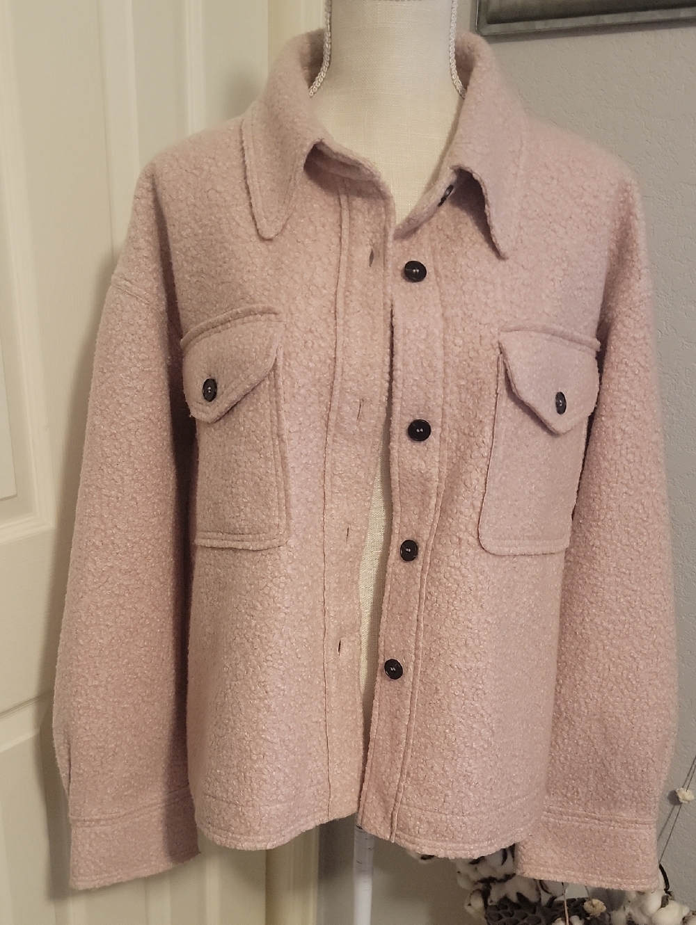 LA MIEL Blush Pink Teddy Shacket with Flap Pockets